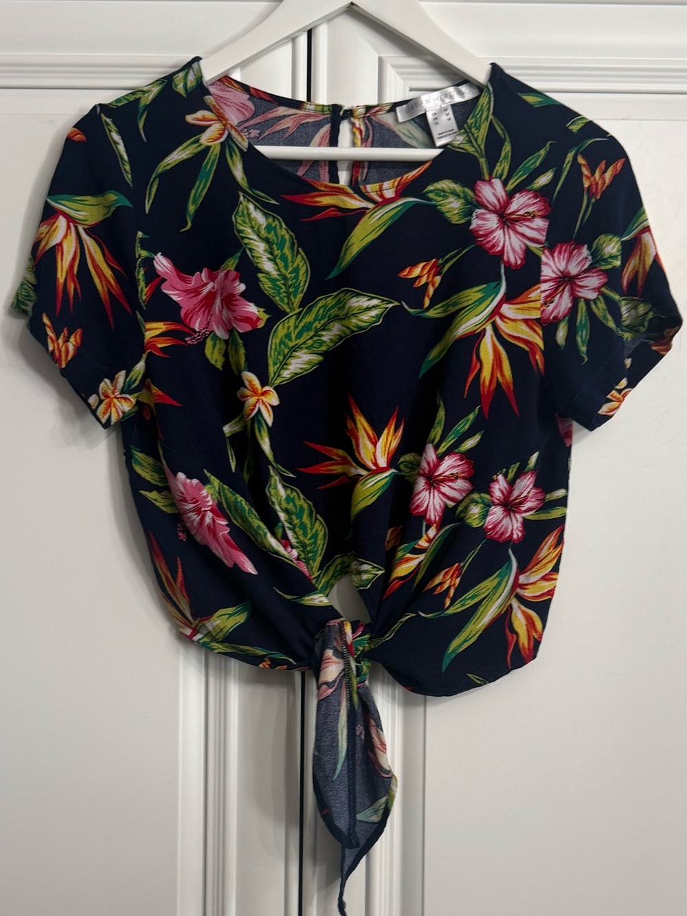 Urban Heritage Navy Tropical Floral Tie-Front Crop Top Hawaiian Summer Size M